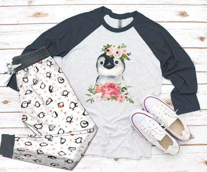 Penguin Flower Pajama Set |Sleepwear Pjs Sets | Raglan Shirt Pants Set