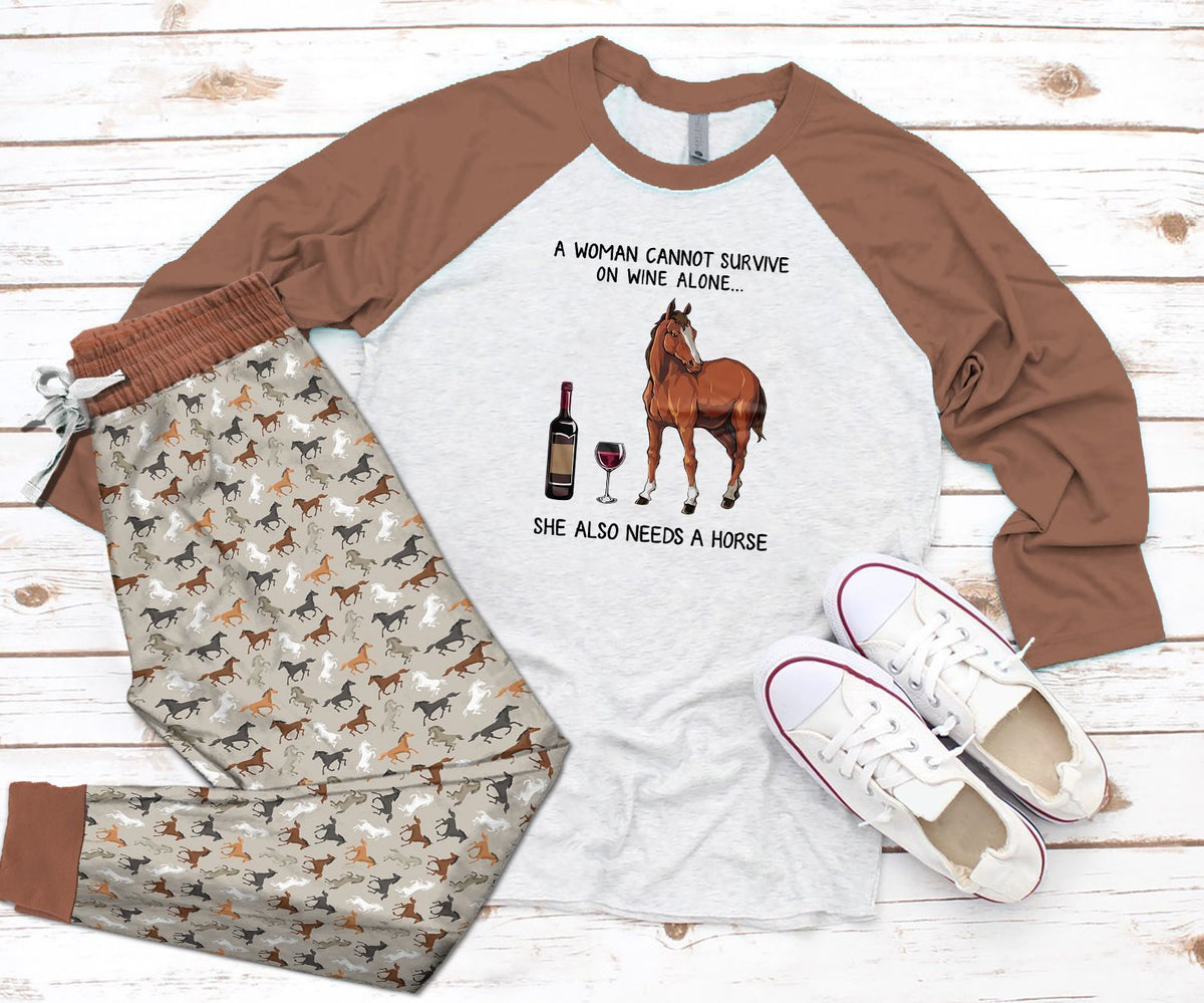 Horse Survival Brown Nice Pajama Set |Sleepwear Pjs Sets | Raglan Shirt Pants Set
