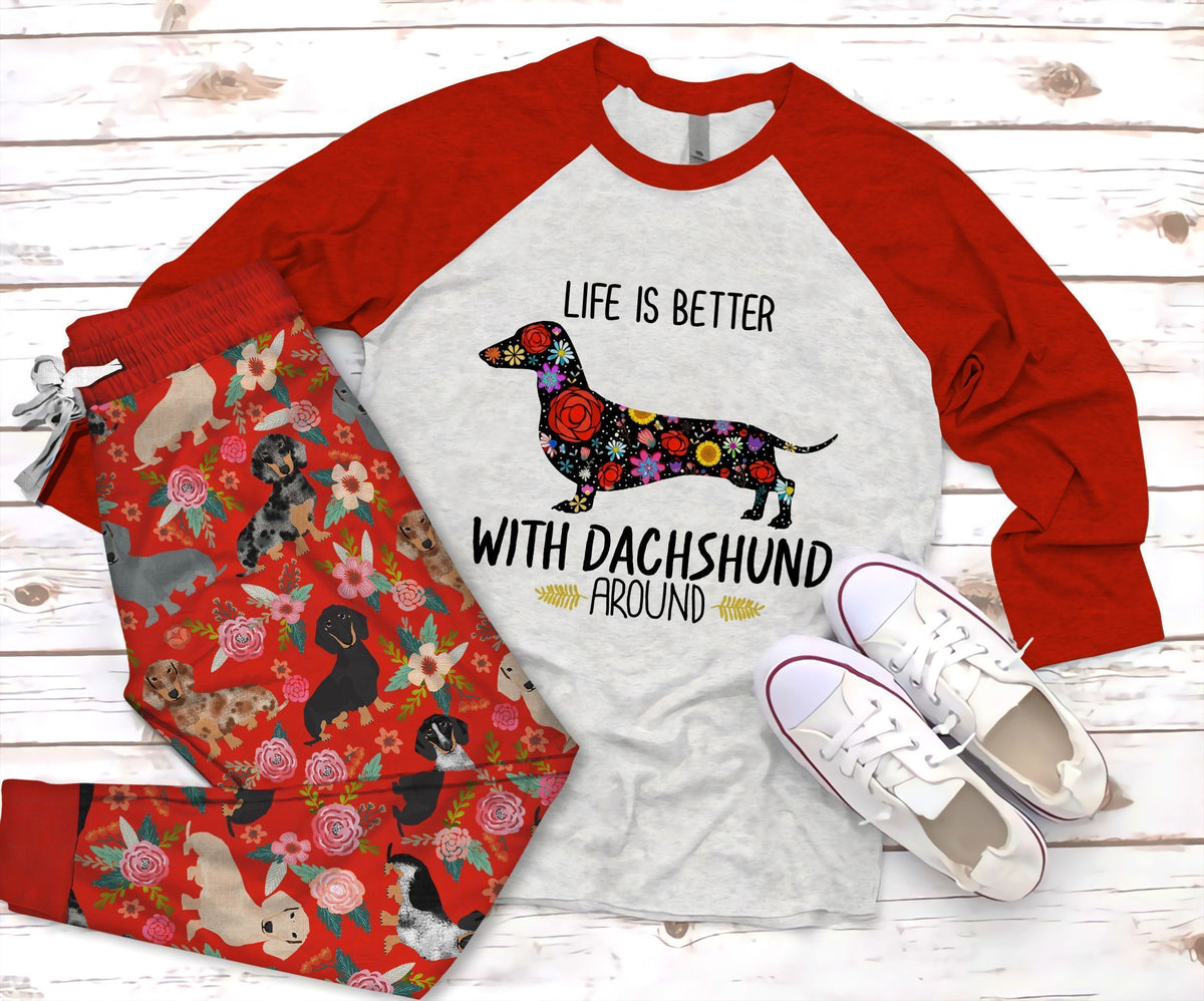 Dachshund Red Nice Pajama Set |Sleepwear Pjs Sets | Raglan Shirt Pants Set