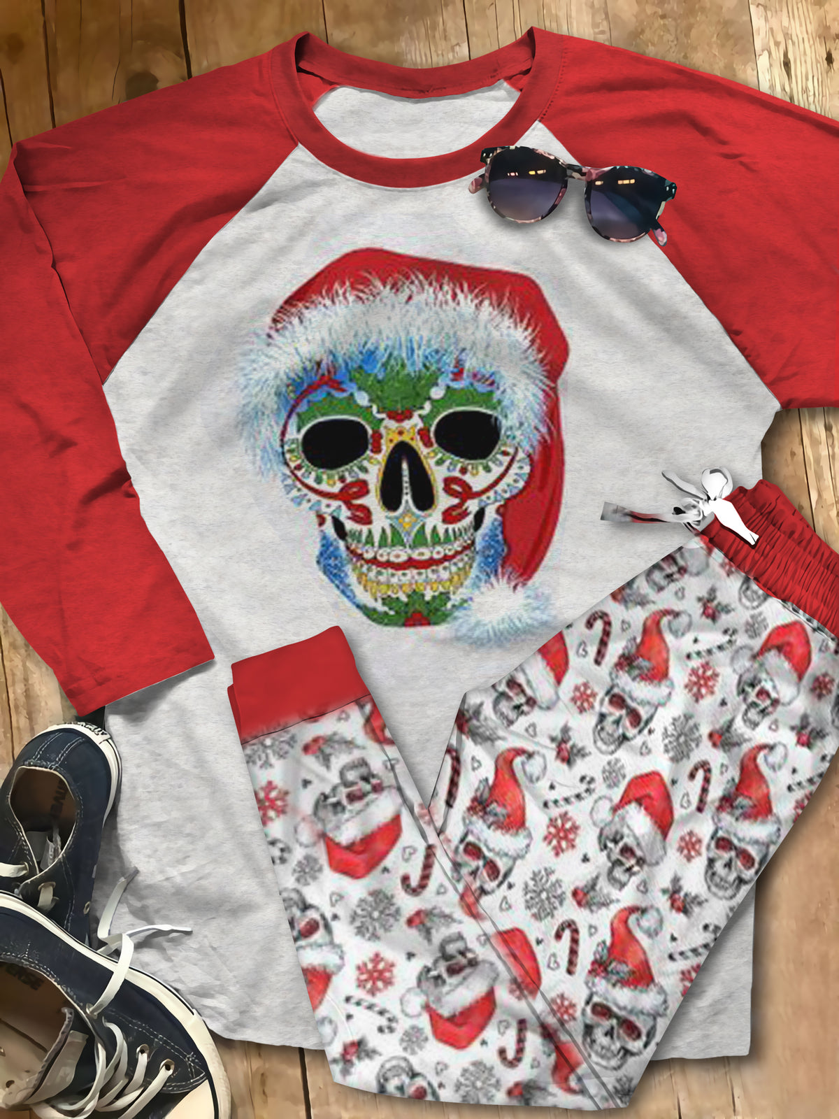 Skull Sugar Skull Santa Red Best Pajama Set |Sleepwear Pjs Sets | Raglan Shirt Pants Set