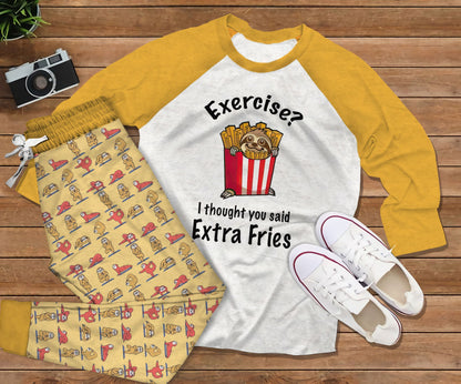 Sloth Extra Fries Yellow Nice Pajama Set |Sleepwear Pjs Sets | Raglan Shirt Pants Set