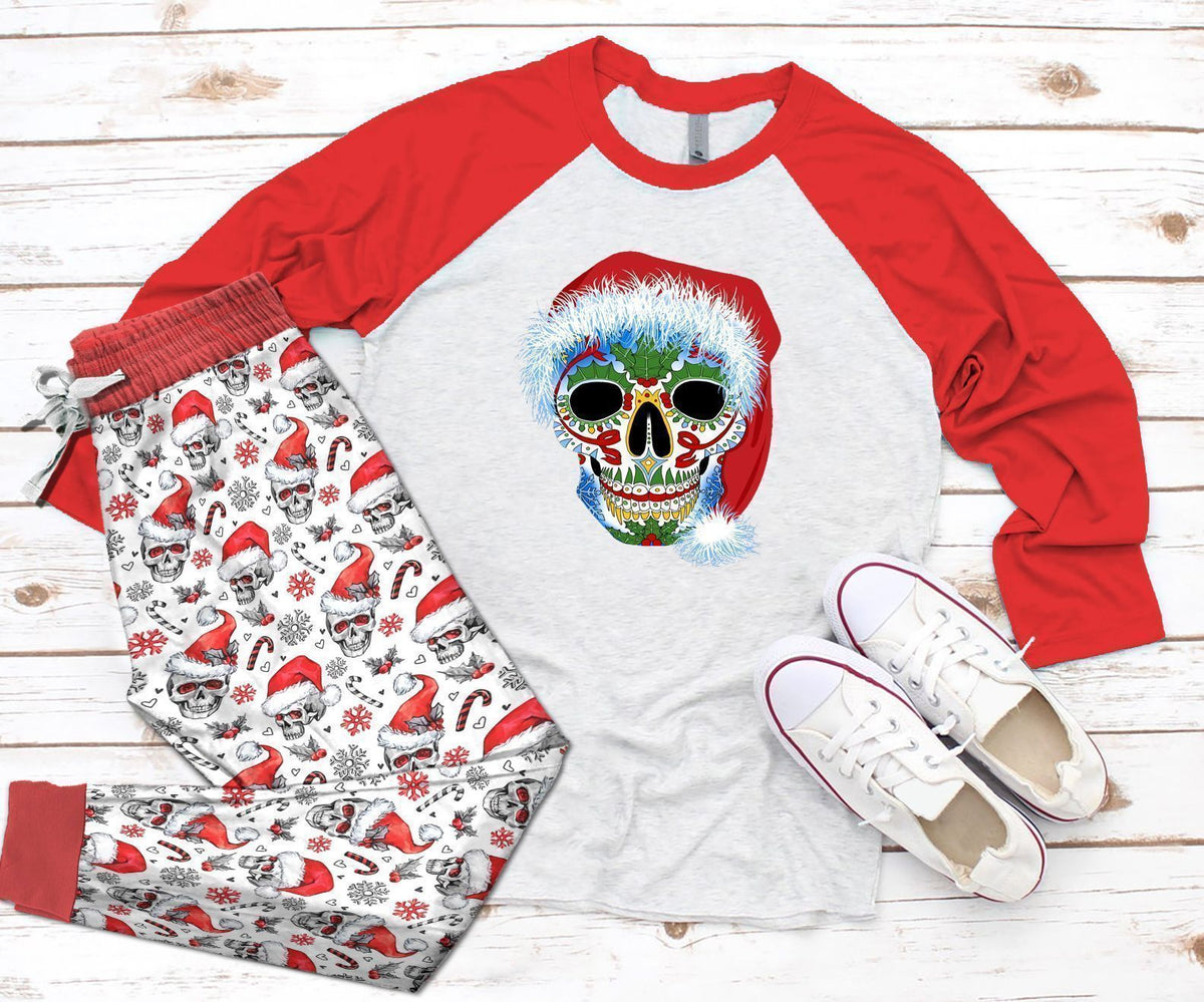 Skull Sugar Skull Santa Red Best Pajama Set |Sleepwear Pjs Sets | Raglan Shirt Pants Set