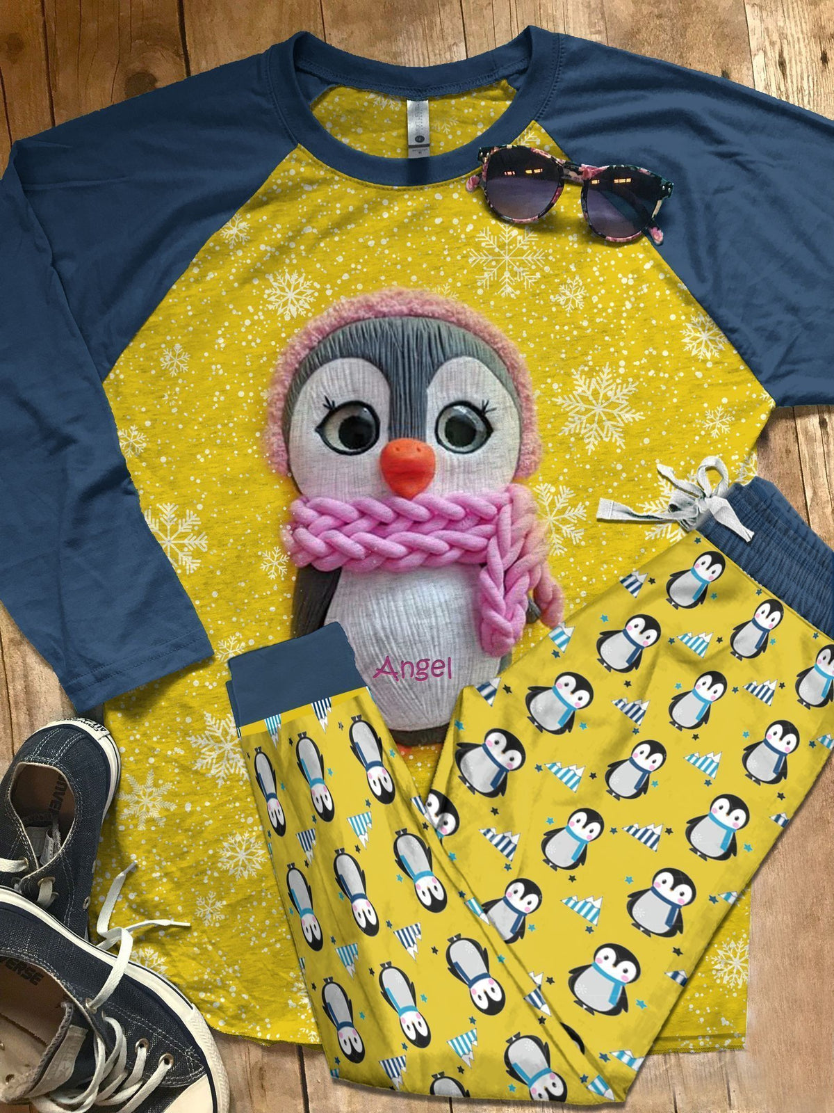 Penguin Lovely Penguin Personalized Unique Pajama Set |Sleepwear Pjs Sets | Raglan Shirt Pants Set