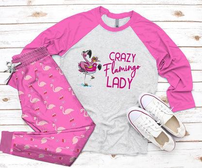 Flamingo Crazy Flamingo Lady Pink Awesome Pajama Set |Sleepwear Pjs Sets | Raglan Shirt Pants Set