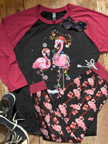 Flamingo Set Christmas Flamingo Pajama Set |Sleepwear Pjs Sets | Raglan Shirt Pants Set