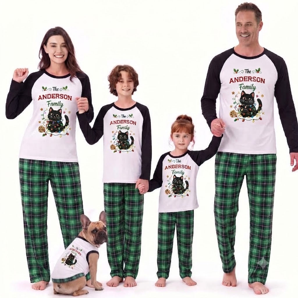 Cute Cat Christmas Tree Family Matching Christmas Pajamas With Pet