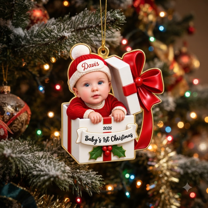 Adorable Custom Name Year Baby In Gift Box First Christmas Ornament